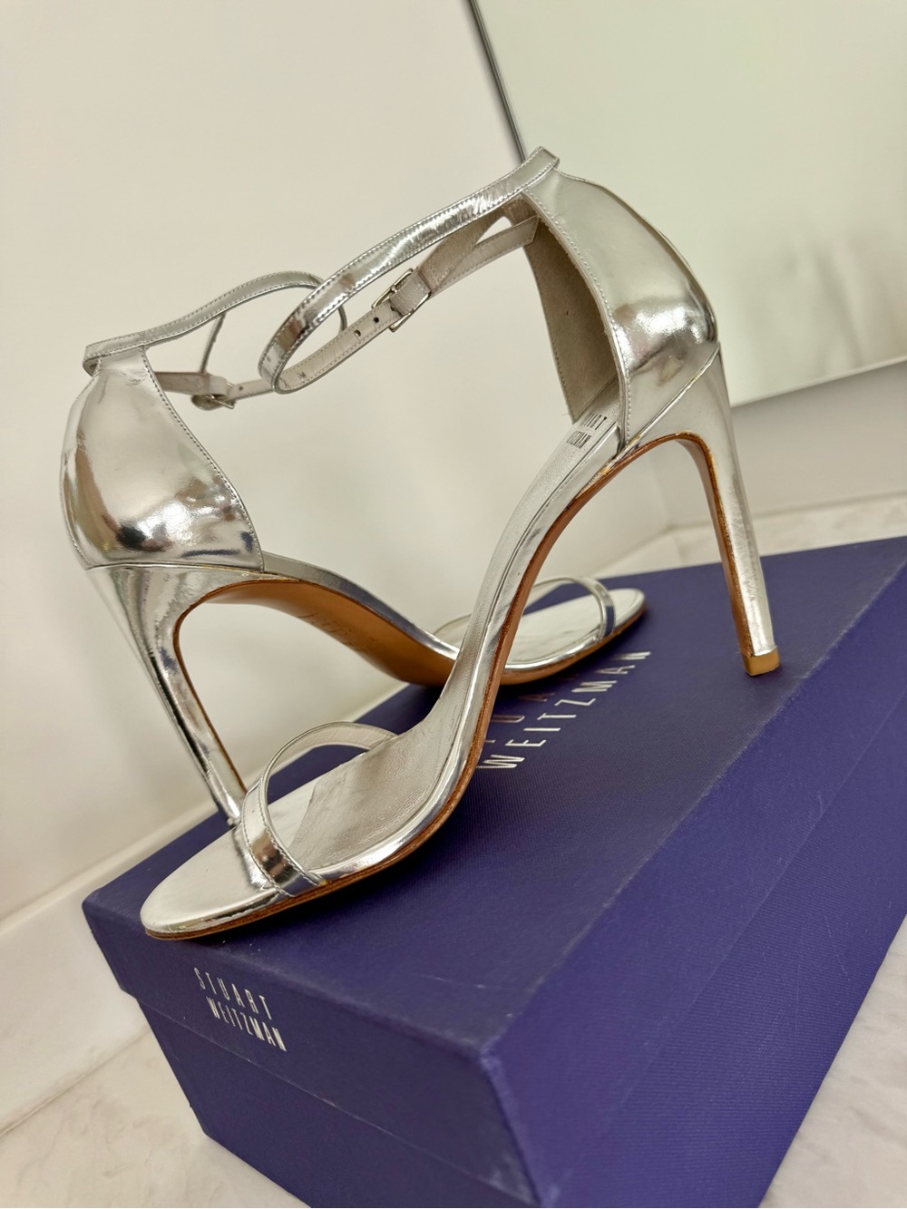 Stuart Weitzman Nudistsong Silver Metallic leather,  ankle strap heel size 8